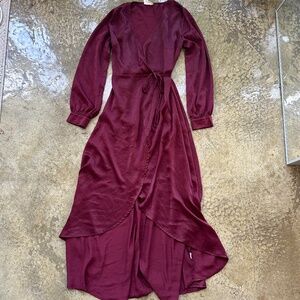 Lost + Wander satin long sleeve wrap maxi dress